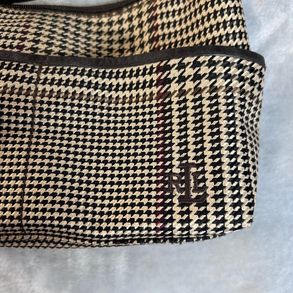 Lauren Ralph Lauren Y2K Houndstooth Hobo Shoulder Bag Tan Black Burgundy - Picture 4 of 10